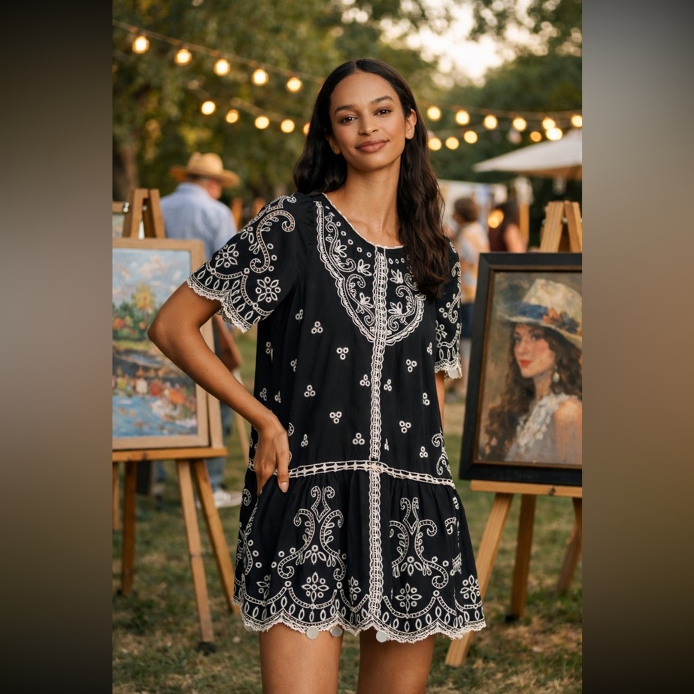 Anthropologie Black Mini Dress with White Embroidery
